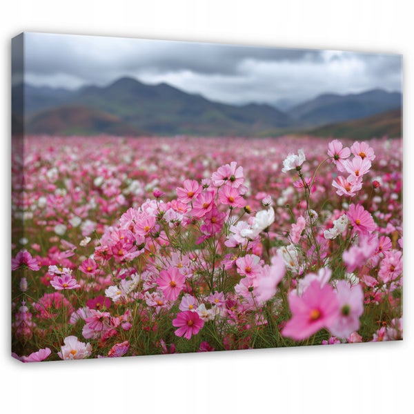 Leinwandbild mit Feld voller Blumen und Bergen