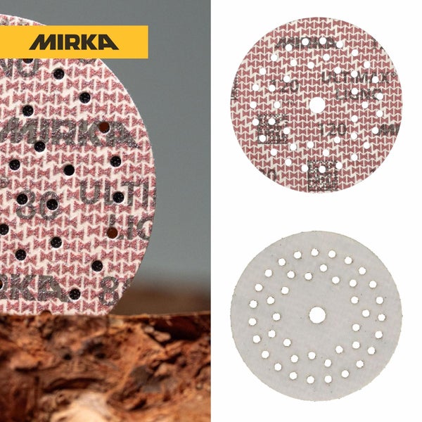 Mirka Logo und Mirka Ultimax Ligno Schleifscheiben mit Lochung für Schleifmaschinen