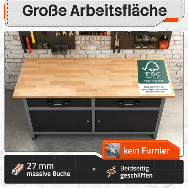 Werkbank mit großer Arbeitsfläche aus 27 Millimeter massiver Buche ohne Furnier, zwei Schubladen, zwei Türen, Forest Stewardship Council zertifiziert.