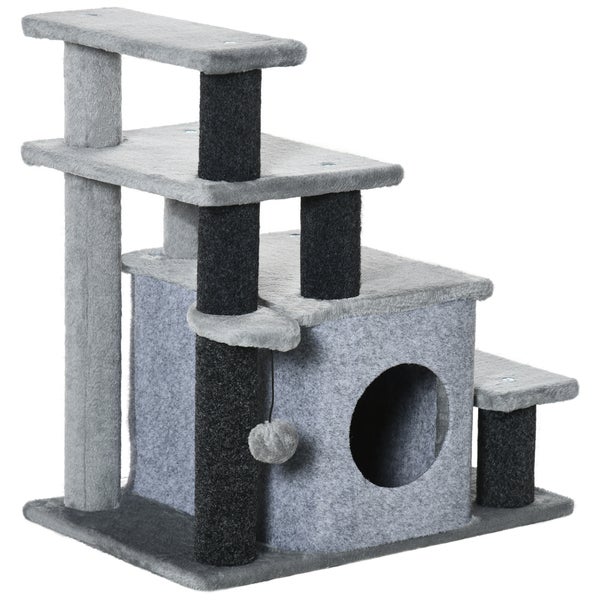PawHut Haustiertreppe, 3/4-stufige höhenverstellbare Katzentreppe mit Schlafhöhle 2 in 1 praktische Hunderampe für kleine Hunde und Katzen Einstieghilfe für hohe Betten Sofa Grau 60 x 40 x 66 cm