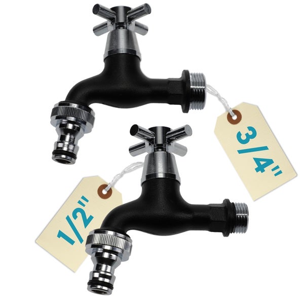 Zwei Wasserhähne mit Etiketten, Größen 1/2 Zoll und 3/4 Zoll