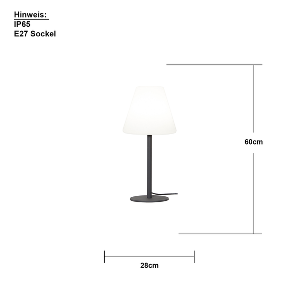 Abmessungen der Tischleuchte: 60 cm hoch, 28 cm breit. Schutzart IP65, E27-Fassung.