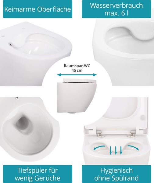 Calmwaters® Wand WC spülrandlos Weiß, mit WC-Sitz, Raumspar WC: 45 cm Ausladung, mit Absenkautomatik, Tiefspüler, Hänge WC, Wandmontage, Sanitärkeramik, 08AB6159