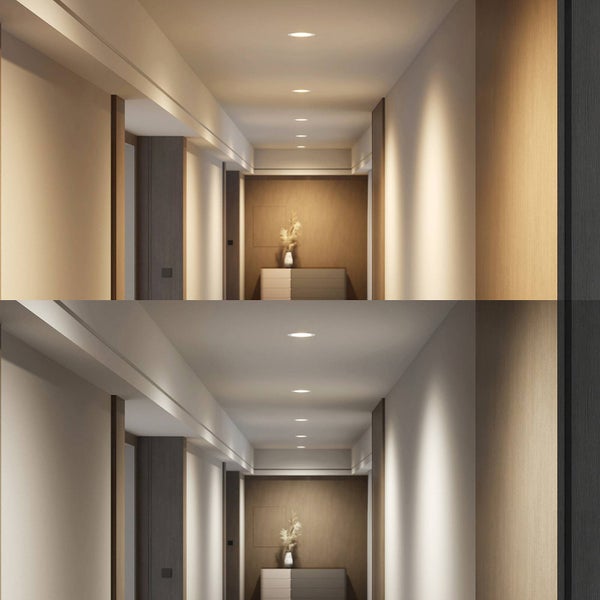 Moderner heller Flur mit Decken-Einbauspots im direkten Vergleich zwischen warmweißem und neutralweißem Licht.