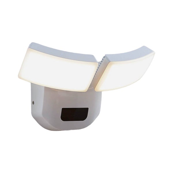 LED-Außenstrahler mit zwei schwenkbaren Lichtköpfen und Bewegungsmelder in Silber