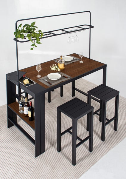 Bar-Sitzgruppe / Gartentheke ELSA 5tlg., 4 Hocker, Tisch, anthrazit mit Holzoptik