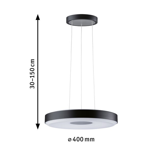 Runde LED-Pendelleuchte in Schwarz, Durchmesser 400 Millimeter, höhenverstellbar von 30 bis 150 Zentimeter.