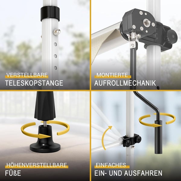 Details einer Klemmmarkise mit verstellbarer Teleskopstange, montierter Aufrollmechanik, höhenverstellbaren Füßen und Kurbel zum Ein- und Ausfahren.