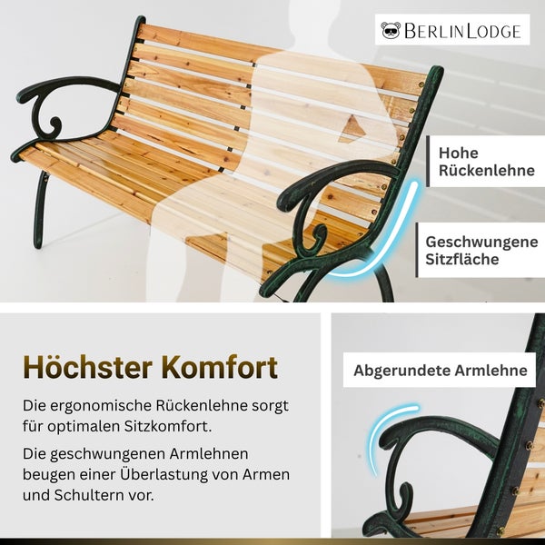 Gartenbank aus Holz mit Metallgestell, Berlin Lodge Logo, belastbar bis 150 Kilogramm, stabile Rückenlehne, schneller Aufbau, für zwei Personen.