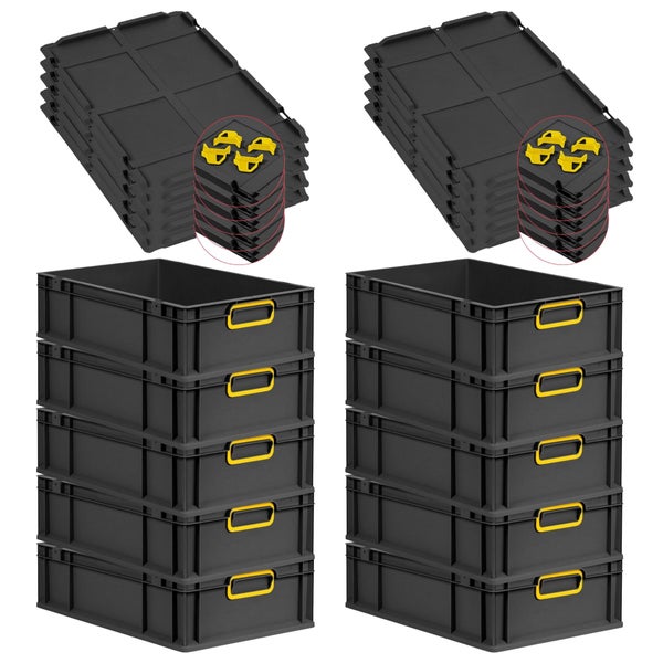 PROREGAL SparSet 10x Eurobox NextGen Color mit Auflagedeckel und Schiebeschnappverschlüsse, HxBxT 17x40x60cm, 34 Liter, Schwarz, Griffe gelb geschlossen, Eurobehälter, Transportbox, Transportbehälter, Stapelbehälter