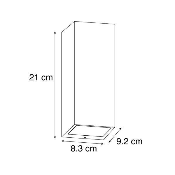 Maßzeichnung einer rechteckigen Wandleuchte: Höhe 21 Zentimeter, Breite 8,3 Zentimeter, Tiefe 9,2 Zentimeter.