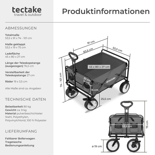 Produktinformationen zu einem faltbaren Bollerwagen mit Angaben zu Abmessungen, technischen Daten und Lieferumfang.