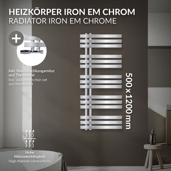 LuxeBath Badheizkörper Iron EM 500x1200 mm Chrom Mittelanschluss mit Anschlussgarnitur und Thermostat Eck Wand, Design Heizkörper Bad Heizung Handtuchwärmer Handtuchtrockner Handtuchheizkörper