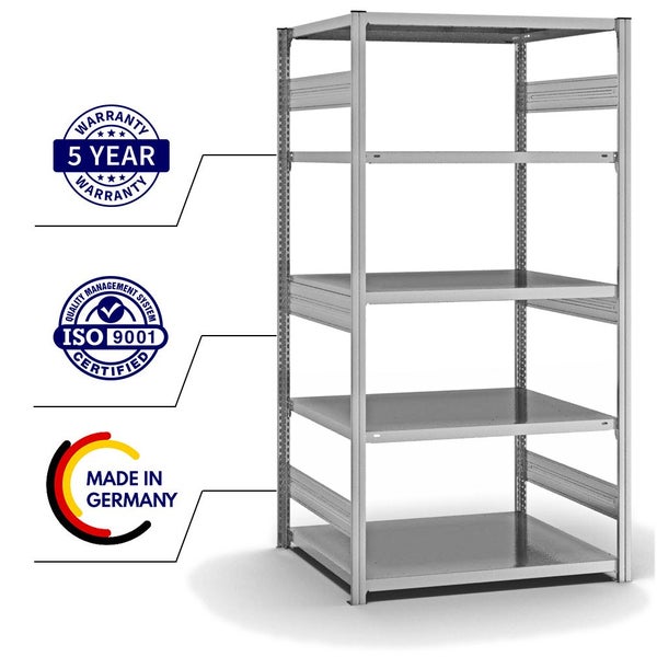 PROREGAL Fachbodenregal Stecksystem T-Profil Heavy-Duty Grundregal HxBxT 200 x 100 x 80 cm 5 Ebenen Fachlast 330 kg Beidseitig Nutzbar Verzinkt