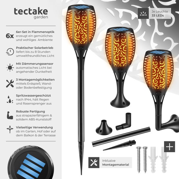 tectake Gartenleuchten mit Flammeneffekt, 6er Set, mit Erdspieß und Montagezubehör