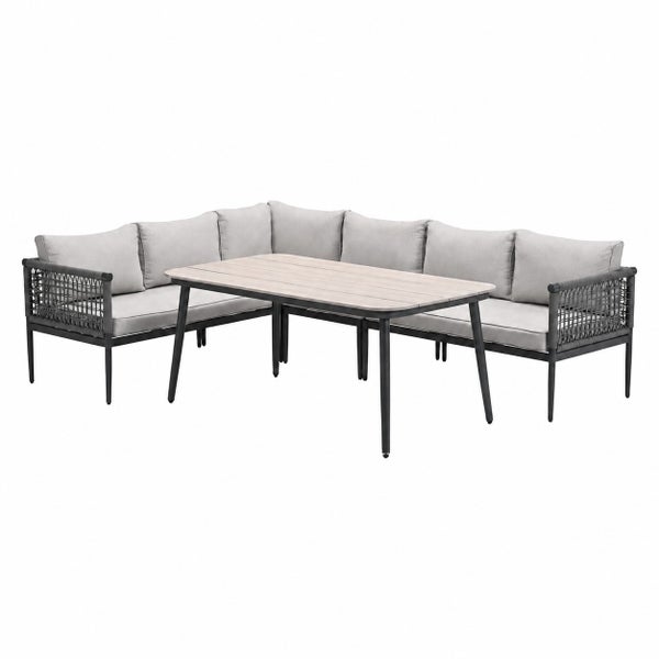 Eck-Loungeset mit L-förmigem Sofa und rechteckigem Tisch. Sofa mit grauen Polstern und Seilgeflecht-Details. Tischplatte in Holzoptik.