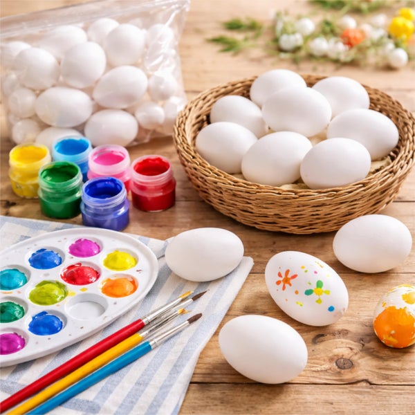 Hell gestaltete Szene zum Eierbemalen auf einem Holztisch mit weißen Eiern im Weidenkorb, Farbtöpfen, Palette und Pinseln.