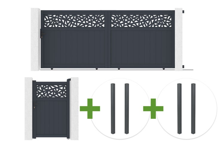 Doppelflügeltor mit passendem Pfortenelement und zwei zusätzlichen Pfostenpaaren in modernem Design.