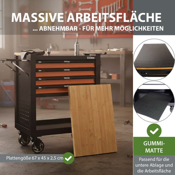 Werkstattwagen mit Schubladen und abnehmbarer Arbeitsfläche aus Bambus, inklusive Gummimatte