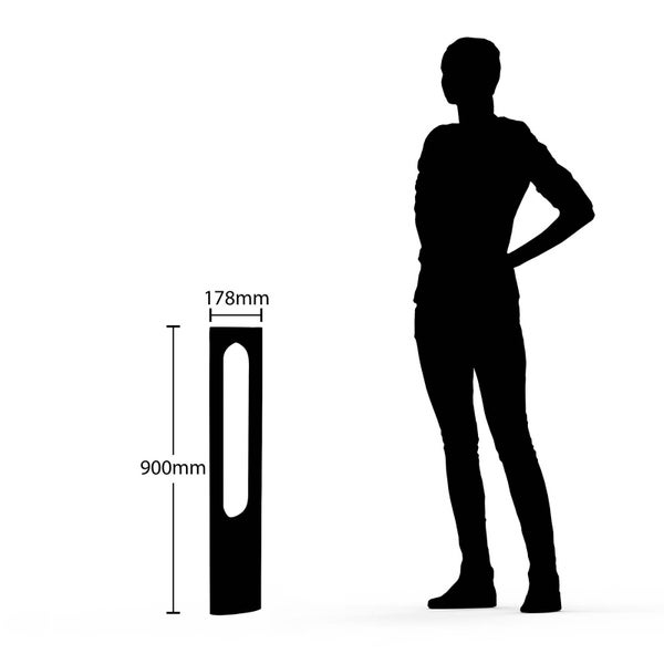 Maßzeichnung einer schmalen Außenleuchte, 900 Millimeter hoch und 178 Millimeter breit, im Größenvergleich zu einer menschlichen Silhouette.