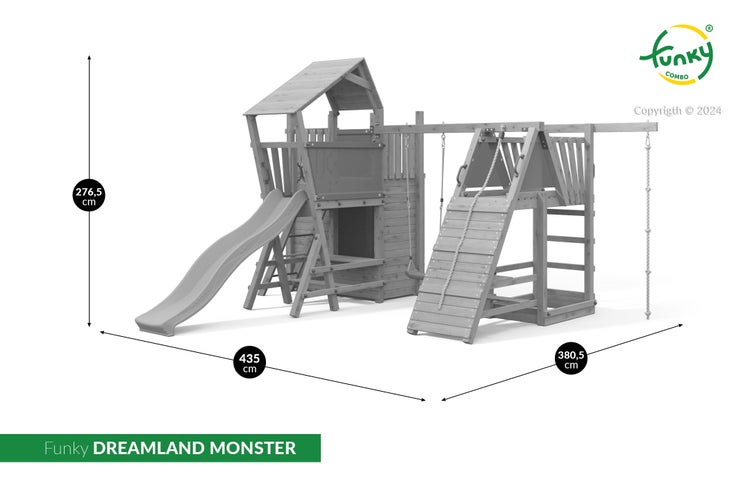 Funky DREAMLAND MONSTER Spielturm aus Holz mit Rutsche, Kletterrampe und Spielhaus, 435 mal 380,5 mal 276,5 Zentimeter, Funky Combo Logo.