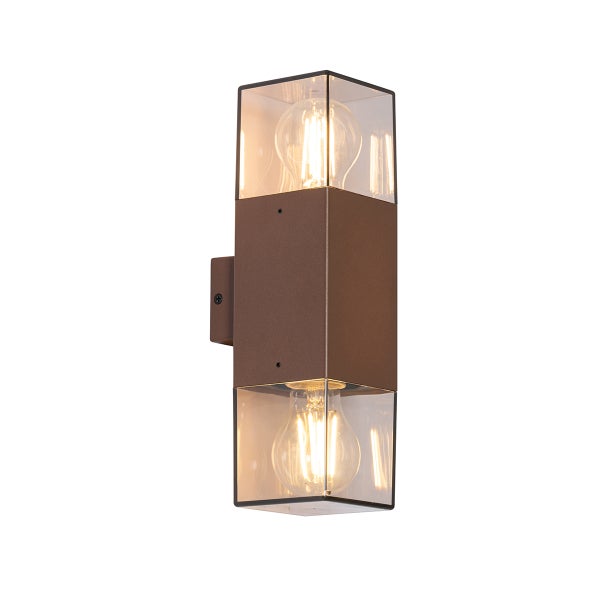 Moderne Wandleuchte für Außen aus Metall und Glas mit Up-and-Down-Beleuchtung und zwei sichtbaren Leuchtmitteln.