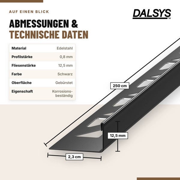 Dalsys Fliesenprofil aus Edelstahl mit technischen Daten wie Materialstaerke und Laenge.