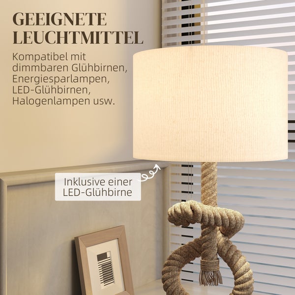 Tischleuchte mit Seilfuß und Stoffschirm, kompatibel mit LED-, Halogen- und Energiesparlampen, inklusive LED-Leuchtmittel.