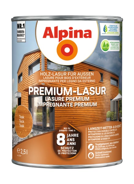 Alpina Premium-Lasur für Außen, Teak, 2,5 Liter Dose, lösemittelarm, bietet circa 8 Jahre Schutz vor Witterung und UV-Strahlung.