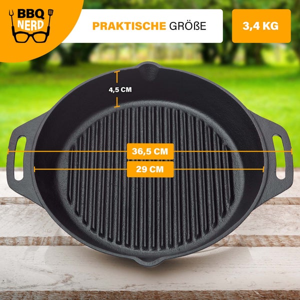 BBQ Nerd Gusseisenpfanne zum Grillen - mit Rillenboden für ein schönes Grillmuster | Steakpfanne Ø 30 cm 3200g mit Ausgießer und Henkel | Antihaft-Pfanne Feuerpfanne Outdoor-Pfanne