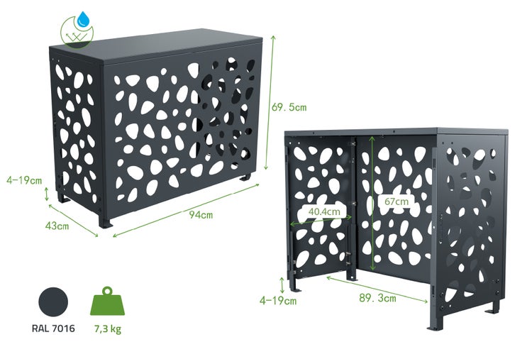 Mülltonnenbox mit Maßen und wasserabweisendem Symbol