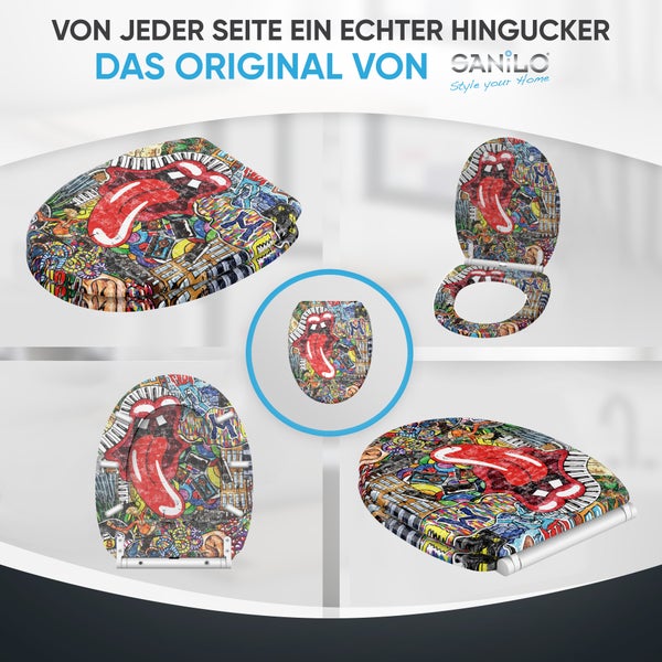 Sanilo WC-Sitz mit buntem Graffiti- und Pop-Art-Design sowie Musikmotiven aus verschiedenen Perspektiven und Sanilo Logo.