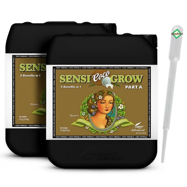 Zwei Behälter Advanced Nutrients Sensi Coco Grow Part A Dünger und eine Pipette