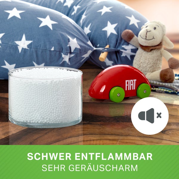 Styroporkügelchen als Füllmaterial für Sitzsäcke und Kissen, schwer entflammbar und geräuscharm.