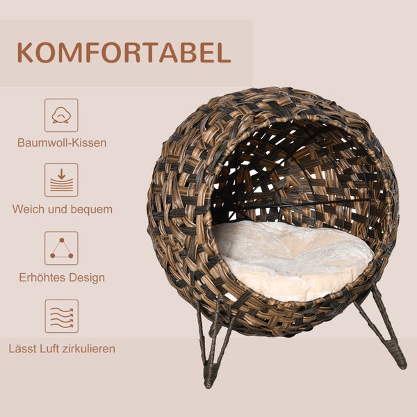 PawHut Katzenhaus aus Rattan, Ø52 x 58 cm, PE-Rattan, Braun