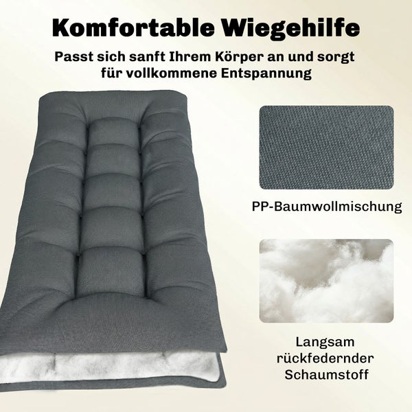 Graue gesteppte Polsterauflage für Schaukelstühle aus einer Polypropylen-Baumwollmischung mit Füllung aus langsam rückfederndem Schaumstoff.