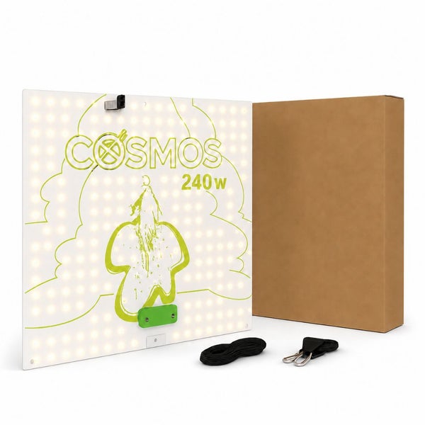 LED-Pflanzenlicht Cosmos 240 Watt mit Zubehör und Verpackungskarton.