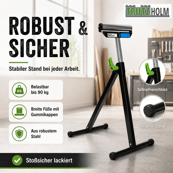 Trutzholm Rollenbock aus stoßsicher lackiertem schwarzem Stahl, höhenverstellbar, belastbar bis 90 Kilogramm, gummierte Füße. Trutzholm Logo.