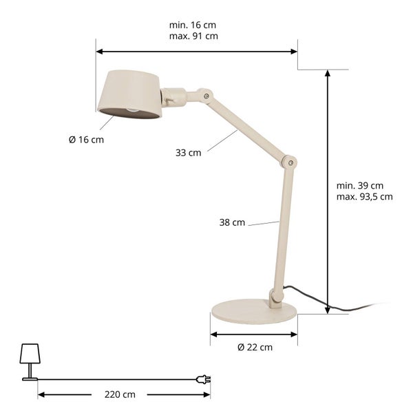 Abbildung einer Schreibtischlampe mit Maßangaben
