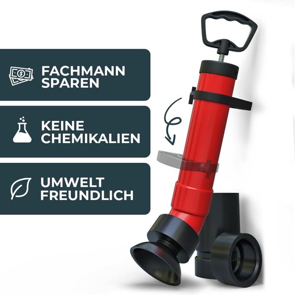 Manueller Rohrreiniger mit Saugglocke für chemiefreie und umweltfreundliche Abflussreinigung ohne Fachmann.