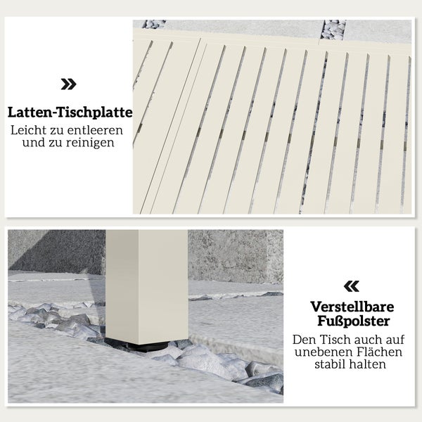 Detailansicht einer Tischplatte mit Latten und eines verstellbaren Tischfußes für Stabilität auf unebenem Boden.