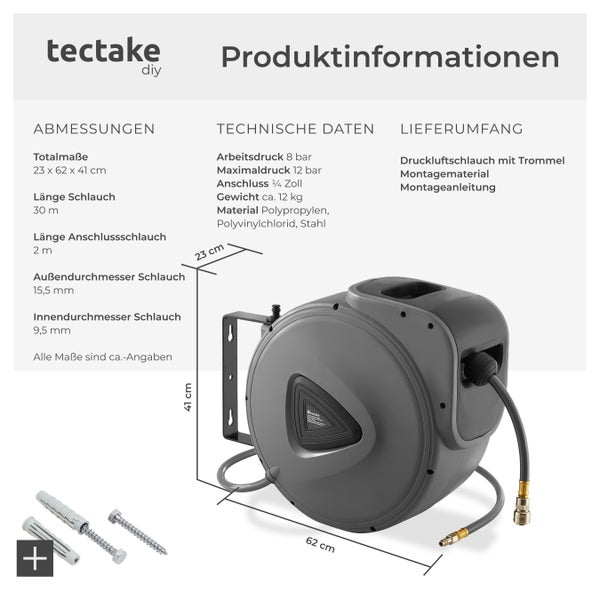 Druckluftschlauch mit Trommel tectake  inklusive Montagematerial mit ¼ Zoll Schnellkupplung grau