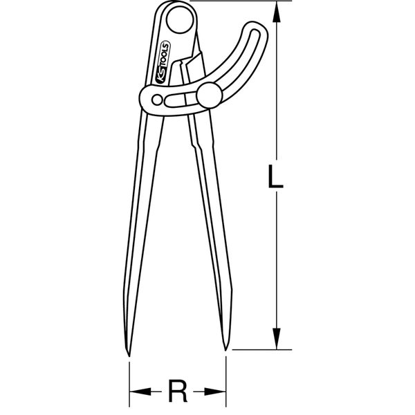 Strichzirkel von KS Tools mit Feststellschraube und Bogen in technischer Strichzeichnung
