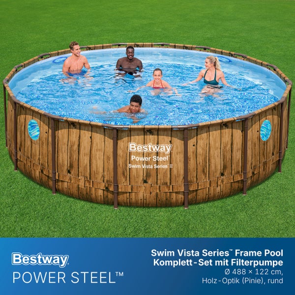 Bestway Power Steel Swim Vista II Frame Pool Set, rund, Holz-Optik Pinie mit Sichtfenstern, 488 mal 122 Zentimeter, inklusive Filterpumpe.