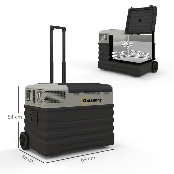 Outsunny Kompressor Kühlbox 56L, Kühlbox Auto 12/24V DC & 240V AC bis -20°C, Tragbar Gefrierbox mit ECO/MAX Modi, Mini Kühlschrank mit Teleskopstange, Rad, für Camping, Lkw, Boot und Steckdose