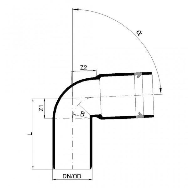 Technische Zeichnung eines 90 Grad Rohrbogens mit Bemaßungen für Durchmesser, Länge, Radius und Z-Maße.
