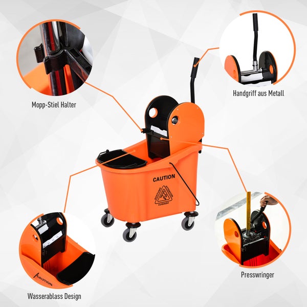 HOMCOM Reinigungswagen 36 Liter Fahreimer Putzeimer Wischwagen mit Auswringvorrichtung, Orange, 54 x 41 x 91,5 cm