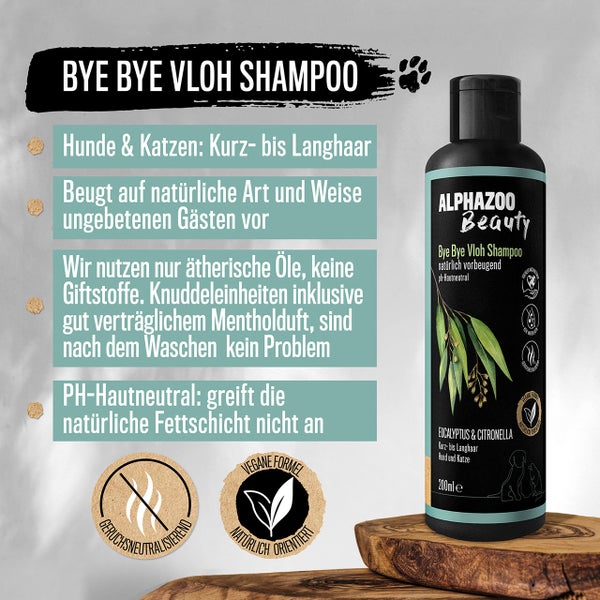 ALPHAZOO Bye-Bye-Vloh Flohshampoo 200ml für Hunde und Katzen I Sanftes Hundeshampoo