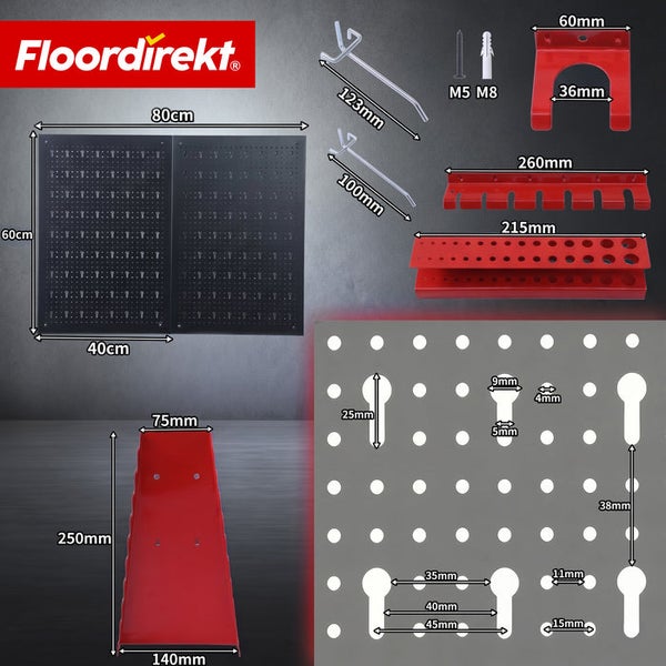 Floordirekt Logo und Werkzeugwand-Set mit schwarzen Lochplatten 80 mal 60 Zentimeter, roten Haltern und Haken mit detaillierten Maßangaben.