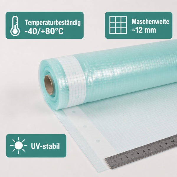 Gitterfolie auf Rolle mit 12 Millimeter Maschenweite, temperaturbeständig von minus 40 bis plus 80 Grad Celsius und UV-stabil.